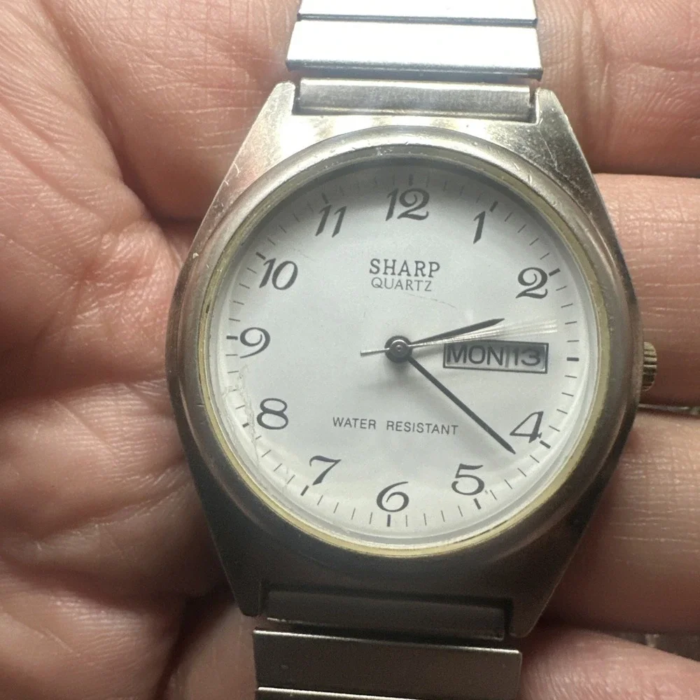 Working Vintage Sharp Mens Watch Silver Day Date White Quartz 35mm Fit 7.5